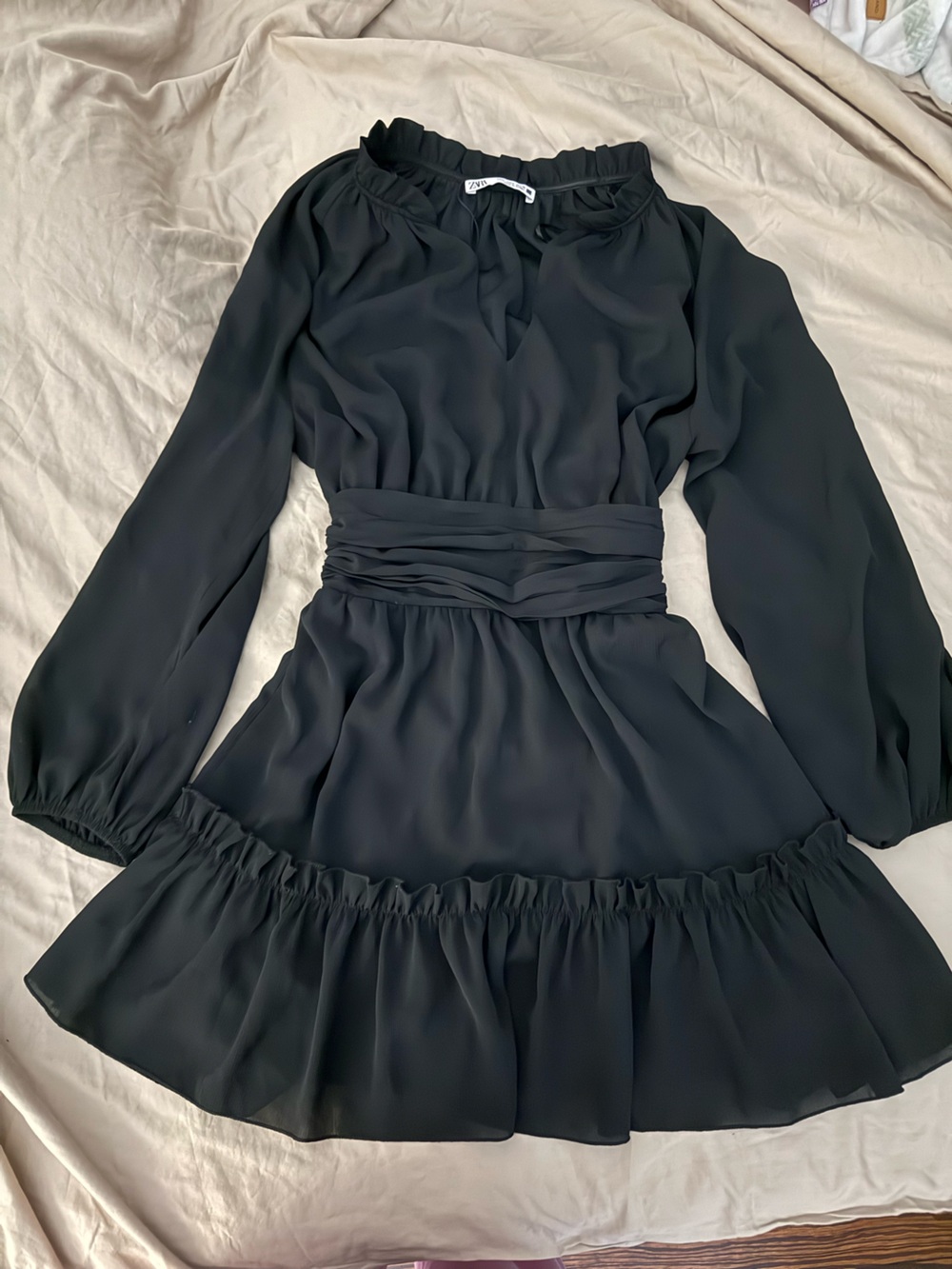Zara Black Long-Sleeve Ruffled Waist Dress